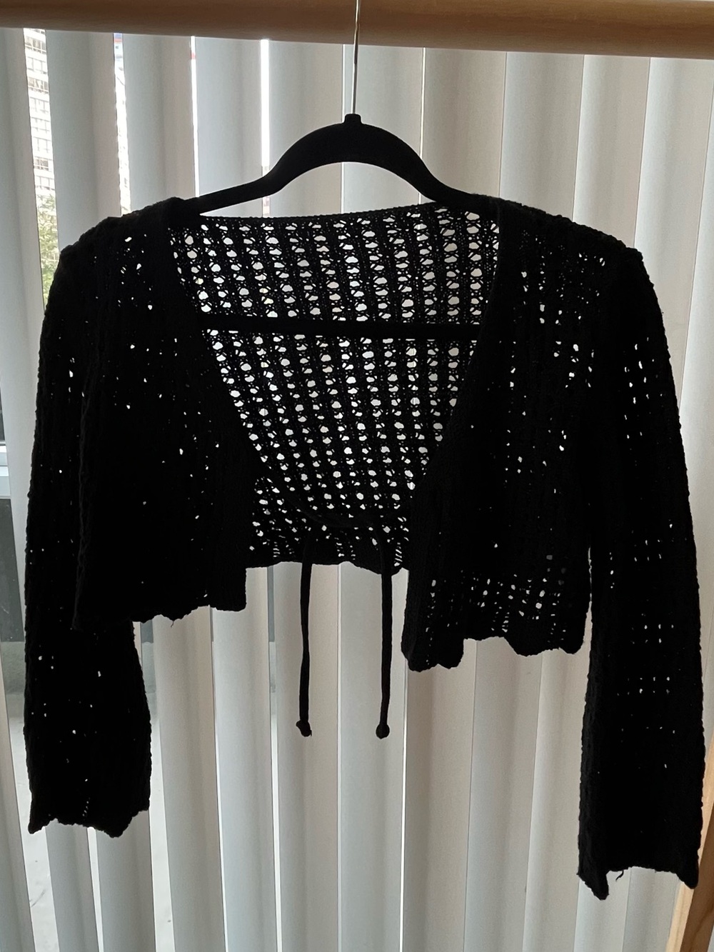 XS Women’s Hand Crafted Black Open-Weave Cropped Tie-Front Cardigan